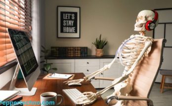 skeleton at a computer